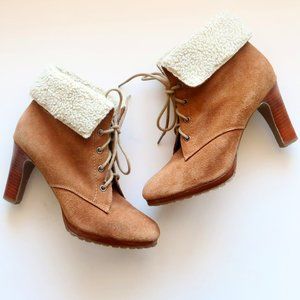 Alfani Tan Suede Leather & White Sherpa Lace-up Heeled Ankle Boots / Booties 8